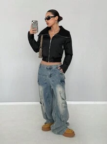 SHEIN Unity 黑色短领夹棉大衣冬季衣服甜美休闲百搭 - 黑色 - 查看 4