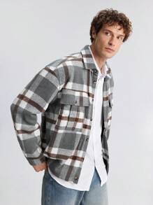 Ontre 男士春季新款纽扣前格子长袖口袋休闲衬衫，时尚百搭，适合约会、节日、新年派对、日常、度假、通勤