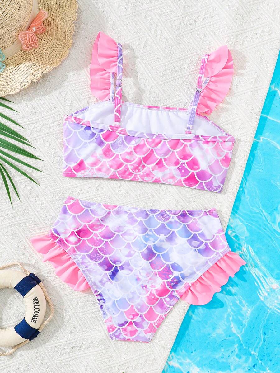 SHEIN Tween Girl Valentine Holiday Beach Vacation Mermaid Scale Print Swimwear Set - Pink - View 1
