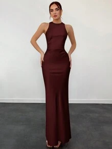 Aloruh Elegant Champagne Color Satin Backless Dress For Women - Burgundy - View 3