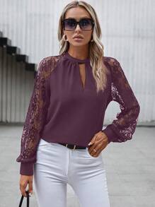 SHEIN Clasi Elegant Solid Color Lace Patchwork Raglan Sleeve Shirt, Autumn - Purple - View 5