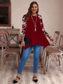 EMERY ROSE Casual Minimalist Allover Floral Print Plus Size T-Shirt