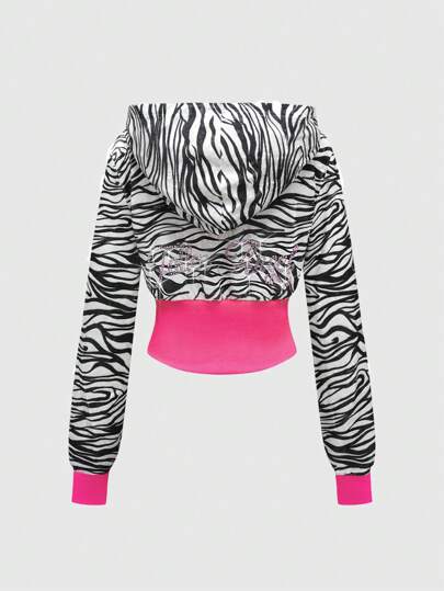 J-Fashion Sudadera con capucha estampada vintage de mujer con bloques de color de estampado de cebra y leopardo