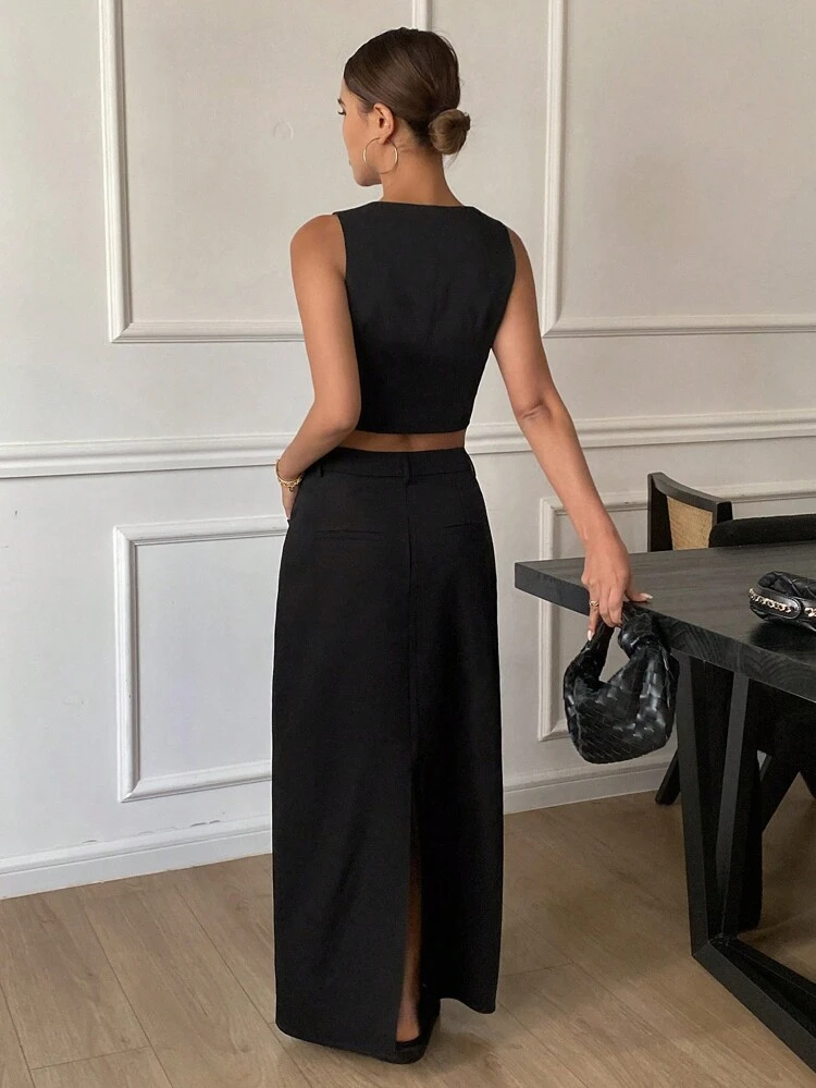 2pcs Women Tight-Fitted Sleeveless Short Crop Top & Straight Long Skirt Set,Fall Clothes