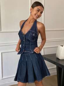 DAZY Western Cowgirl Casual Summer Set Contrast Stitching Halter Crop Top & Pleated Mini Skirt Denim Suit For Women - Blue - View 7