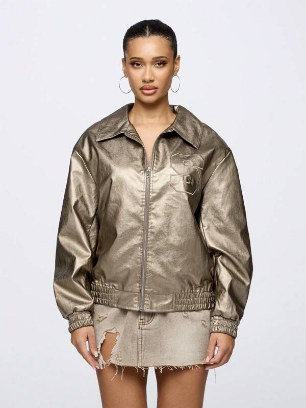 SUMWON WOMEN Luxury Metallic Bomber Jacket Premium Streetwear Statement Outerwear Fall Winter Fashion Zip Up Baseball Collar Party Clubwear Festival Evening Wear