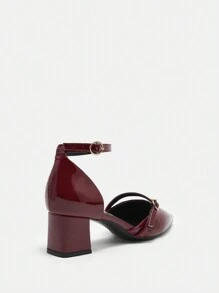 CUCCOO BIZCHIC 女士时尚亮面酒红色漆皮系带尖头中跟高跟鞋，适合工作、约会、聚会、节日、婚礼 - 酒紅色 - 查看 8