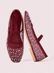 CUCCOO DOLLMOD Fashionable Wine Red Rhinestone Mesh Burgundy Mary Jane Flats, Cute & Sweet For School Students Valentine's Day
