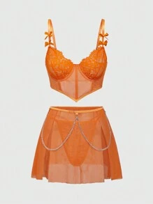 ROMWE Avant Y2K Lace Mesh Patchwork Bow Underwired Chain Open Crotch Lingerie Set, Sexy Roleplay - Orange - View 1