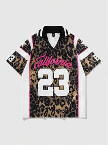 ROMWE MEN Prep Men's Leopard Print Letter Pattern Polo Football Jersey Style Shirt, Suitable For Everyday Wear, Spring/Summer - Multicolor - View 1