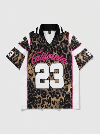 Prep Men's Leopard Print Letter Pattern Polo Football Jersey Style Shirt, Suitable For Everyday Wear, Spring/Summer