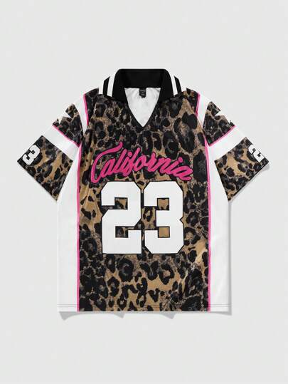Prep Men's Leopard Print Letter Pattern Polo Football Jersey Style Shirt, Suitable For Everyday Wear, Spring/Summer