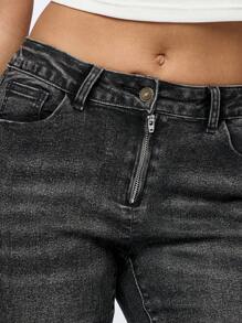 SUMWON WOMEN Designer Wide Leg Flared Jeans Y2K Style High Rise Bell Bottom Denim 90s Retro Vintage Wash Pants With Front Zip Casual Street Fashion - Black - View 4