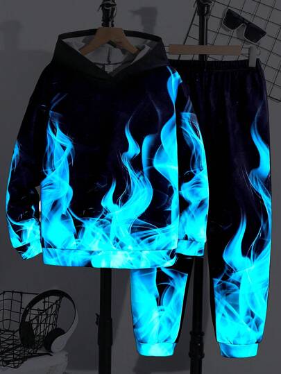 SHEIN طقم قطعتين (هوديي وبنطلون) متأثر بالموضة الكاجوال الشبابية، تنطلق ألوانه في الظلام، مناسب للذهاب للمدرسة وممارسة الرياضة والارتداء اليومي في الخريف والشتاء