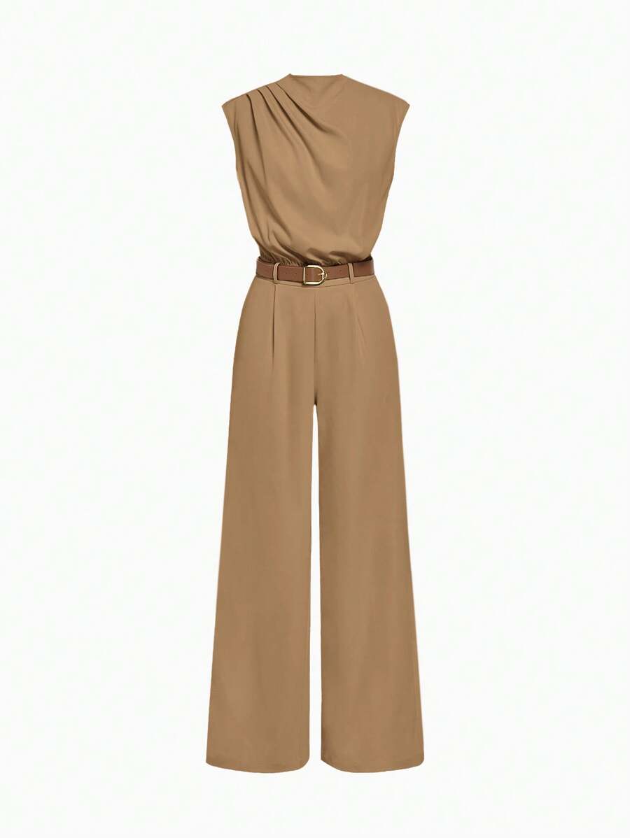 SHEIN MOD ÁO LIỀN TÚI CỔ CAO CỠ LỚN CÓ THẮT LƯNG - Màu Khaki - Xem 1