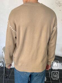 Manfinity CasualKnits Men's Solid Color Splicing Front Button Long Sleeve Casual Shirt, Daily Wear - Brown - View 2