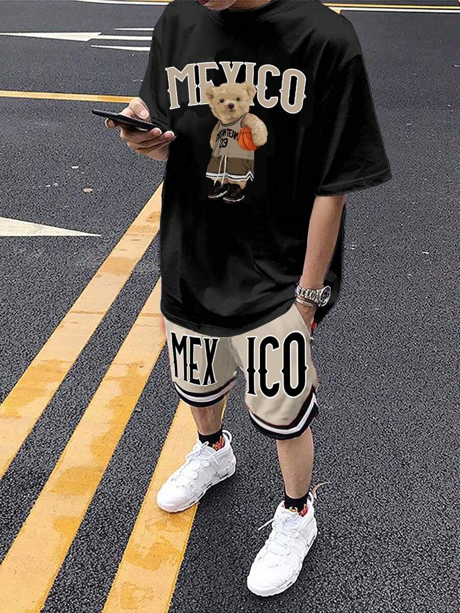SHEIN 2pcs Teen Boys Casual Short Sleeve T-Shirt And Shorts Set, Street Punk Rock Style, Suitable For Spring/Summer Occasions, Parties, Music Festivals. Featuring Bear Print, Basketball Shorts, Color Block Design