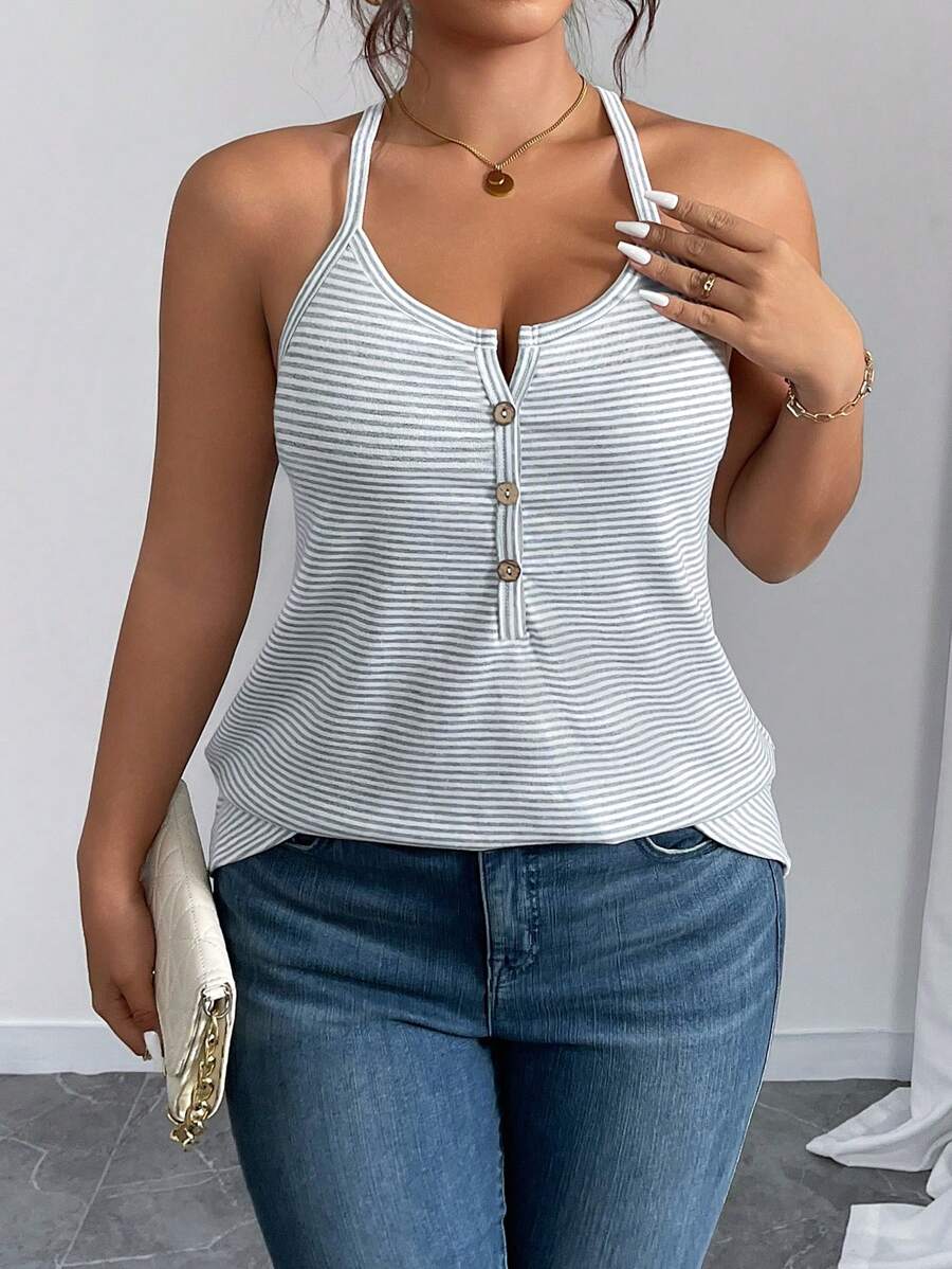 Calvaya 大码女式夏季条纹可调节细肩带针织修身度假休闲别致细肩带吊带背心，背面带纽扣设计 - 彩色 - 查看 1