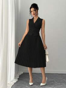 Rafferiza 优雅日常百搭腰部交叉系带领上衣和褶皱松紧腰长裙，编织无弹力面料，杏色，女士 2 件套，秋冬