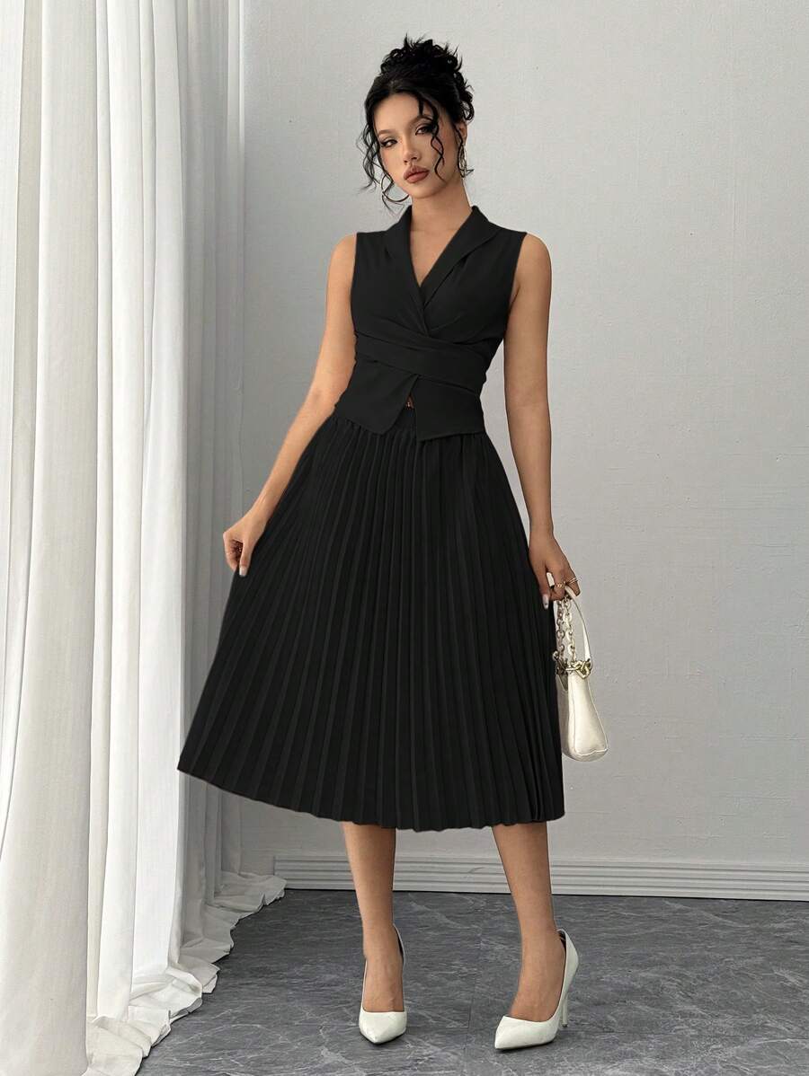 Rafferiza 优雅日常百搭腰部交叉系带领上衣和褶皱松紧腰长裙，编织无弹力面料，杏色，女士 2 件套，秋冬