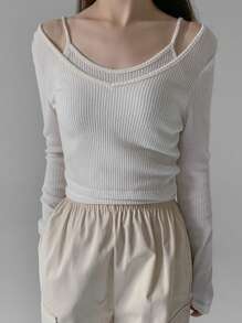 DAZY 2 piezas Conjunto de top camisola de mujer de unicolor con escote en V, blanco, primavera/verano