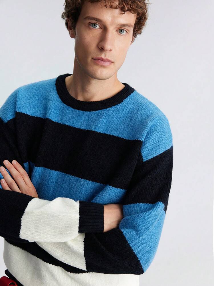 SHEIN Maija Men's Blue, Black And White Block Color Striped Pullover Simple And Fashionable Loose Long-Sleeved Design Daily Versatile Sweater For Daily Commuting Outing Clothes, New Styles For Spring And Summer 2025, Travel, Holiday And Commuting