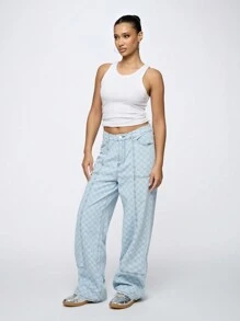 SUMWON WOMEN Check Wide Leg Carpenter Denim Jeans - Baby Blue - View 8
