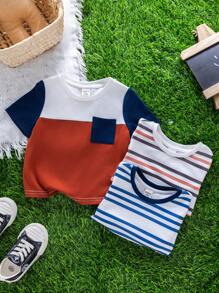 SHEIN 2 件彩色条纹针织柔软圆领长袖上衣套装，适合男婴和女婴 - 彩色 - 查看 3