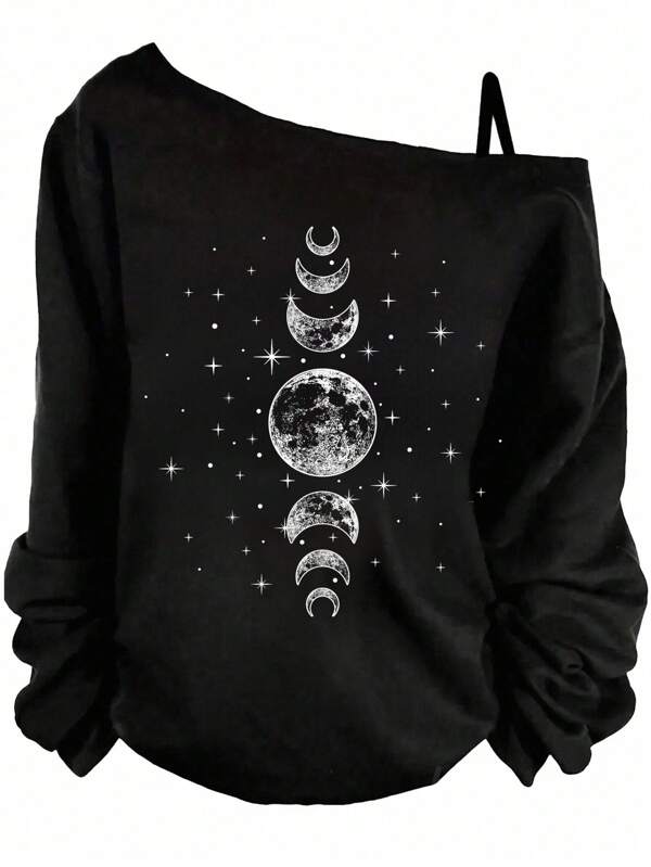 EMERY ROSE Plus Size Women Moon & Star Print Sleeveless Camisole Long Sleeve T-Shirt, Spring And Autumn And Winter