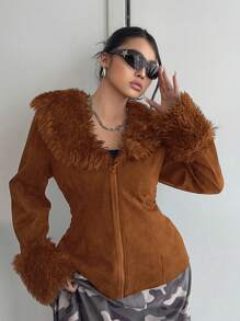 POPSWAY Plus Size Fashionable Jacket, Suitable For Autumn/Winter Back To School, Daily Wear, Campus Style, Stylish, Casual, V-Neck Design Slightly Sexy And Appealing - Brown - View 1