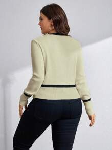 SHEIN Unity Plus Size Women's Solid Black And White Color Block Bow Design Casual Cardigan - Khaki - View 3