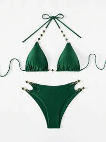 Swim SXY 2pcs/Set Women's New Summer Holiday Chain Linked High-End Sexy Strap Triangle Bikini Set, Festival Boho
