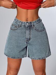 SHEIN PETITE Women's Casual Simple Denim Shorts, Fashionable For Everyday Wear - Dark Wash - View 3