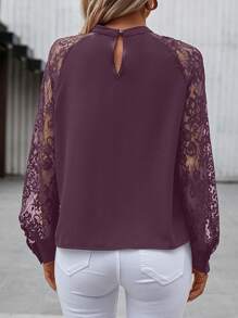 SHEIN Clasi Elegant Solid Color Lace Patchwork Raglan Sleeve Shirt, Autumn - Purple - View 2