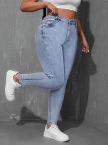 SHEIN EZwear Plus Size Casual Washed Slim Fit Denim Jeans - Light Wash - View 3