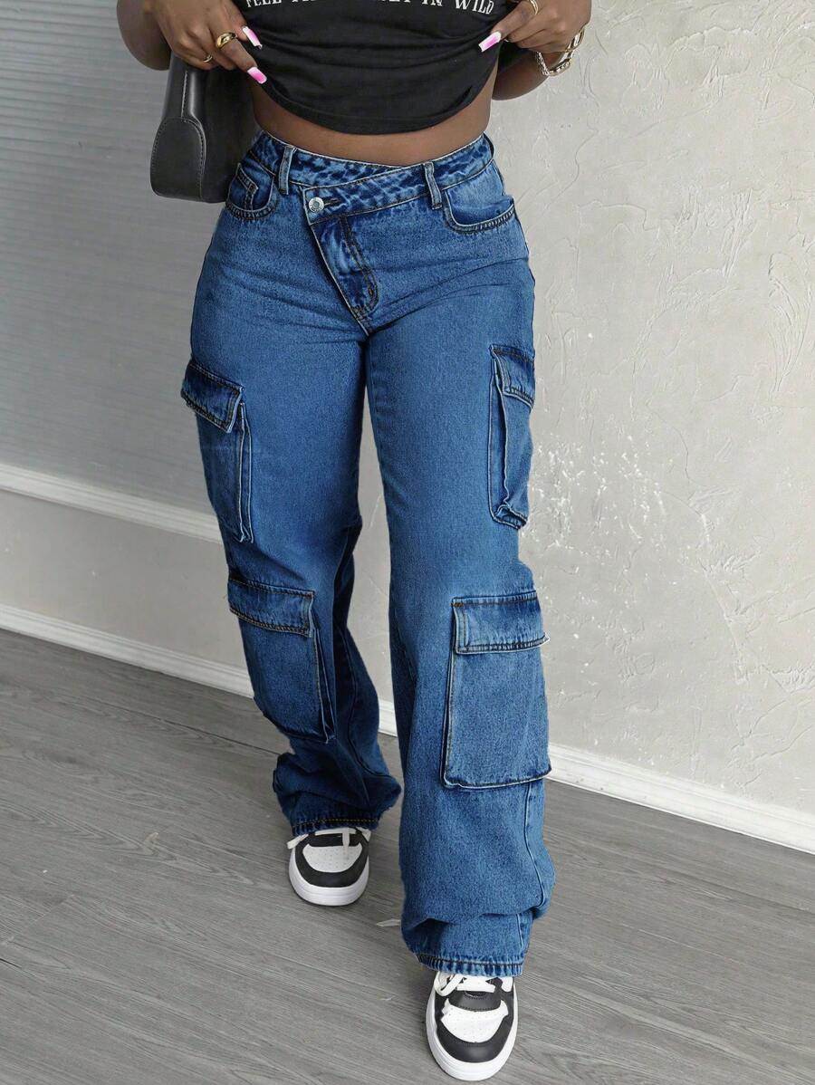 SHEIN Slayr 女士休闲前扣口袋直筒牛仔工装裤