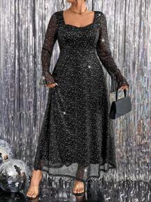 SHEIN Unity Plus Size Women's Elegant Black & Silver Flare Sleeve Metallic Fabric Fitted Long Evening Gown Dress For Party