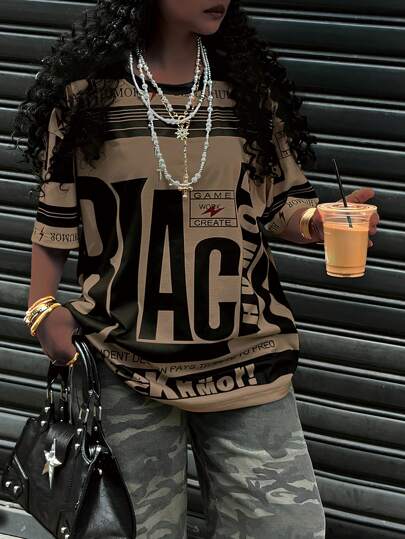 Rovax Kvinnor Casual Rundhalsad Kortärmad Letter Print Enkel T-shirt, dagligt slitage Grafiska T-shirts Dam Toppar