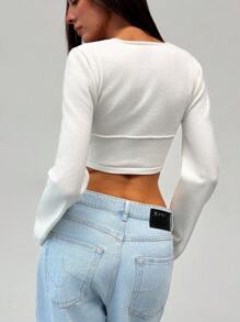 Aloruh Square Neck Long Sleeve Embroidered Beige Crop Flare Sleeve Women Sweater