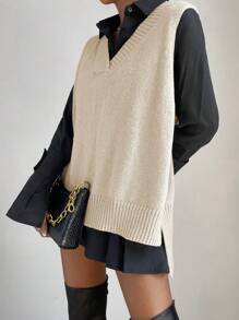 Zielony 1pc Split Hem Sweater Vest - Apricot - View 3