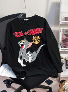 TOM & JERRY X SHEIN Plus Size Casual Cartoon Cat Print Crew Neck Sweatshirt, Autumn