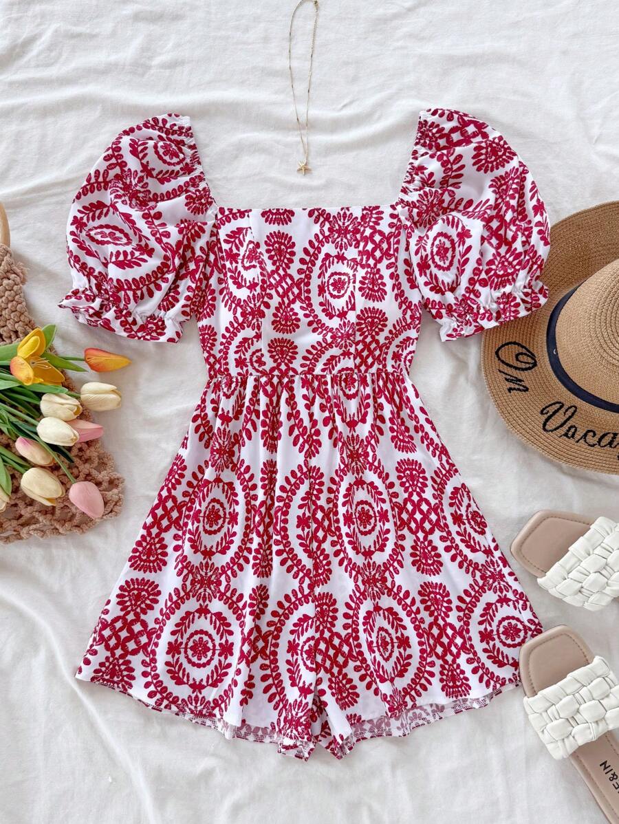 Soleia 度假休闲泡泡袖绿色连体裤 - 紅色 - 查看 1