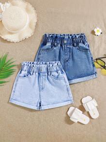 SHEIN 2pcs/Set Tween Girls' Spring & Summer Boho Casual Slant Pocket Ruffled Elastic Waist Soft Denim Jeans Shorts In Multiple Colors,Girls Summer Clothes Outfits, School, Campus, College - Blue - View 1