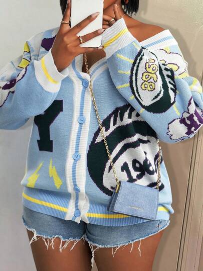 Slaydiva Loose V-Neck Long Sleeve Olive Green Graphic Plus Size Knitted Cardigan Sweater For Women, Casual/Street Style, Autumn/Winter, Plus Size Fall