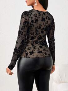 SHEIN Lady Camiseta elegante de mujer de tela de malla jacquard con diseño superpuesto negro semitransparente