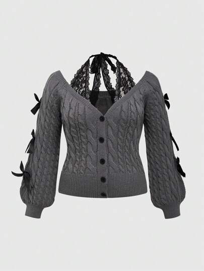 Kawaii Cárdigan talla grande para mujer con hombros descubiertos, encaje y lazo de 2 en 1