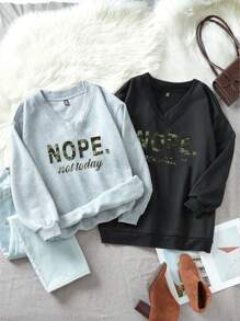 SHEIN LUNE 2pcs Plus Size Casual & Simple V-Neck Loose Sweatshirt Set, Suitable For Autumn/Winter - Multicolor - View 6