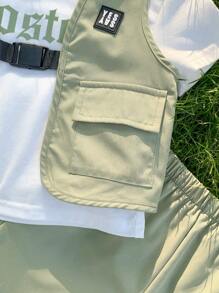 3pcs Baby Boy Outfit Set: Soft Knit Green Letter Graphic Short Sleeve Raglan Pullover, Cargo Pocket Sleeveless Vest, And Elastic Waist Shorts, Summer Sporty Streetwear Suitable For Casual Outings - Green - View 4
