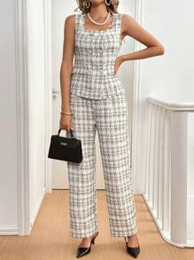 SHEIN Frenchy 2pcs/Set Women Tweed Camisole & Trousers,Black And White Checkered,Summer,Elegant,Office,Simple & Fashionable Casual Everyday Wear,Plaid Vest Suits - Black and White - View 5