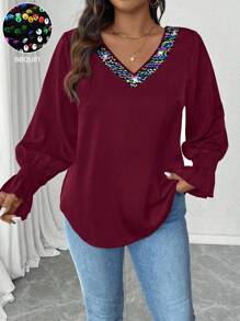 Calvaya Plus Size Women Sequin Patchwork, Bowknot Decor Back, V-Neck Crop Top, Ruffle Sleeve Blouse, Valentine's Day - Burgundy - View 8
